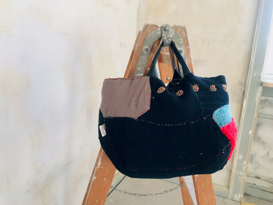 Taske håndsyet taske stof ægte læder håndtag slow fashion håndlavet 1661