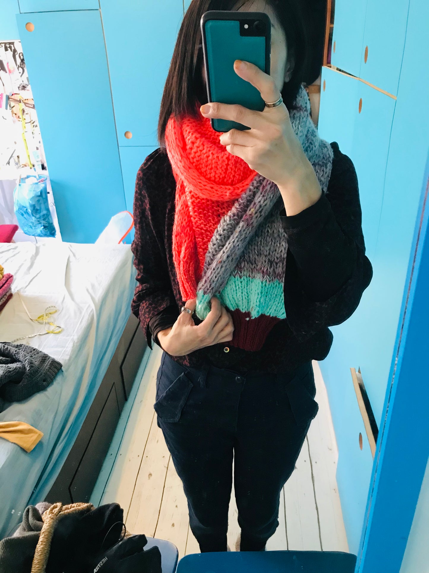 Muffler stole hand-knitted mixed yarn colorful 1646