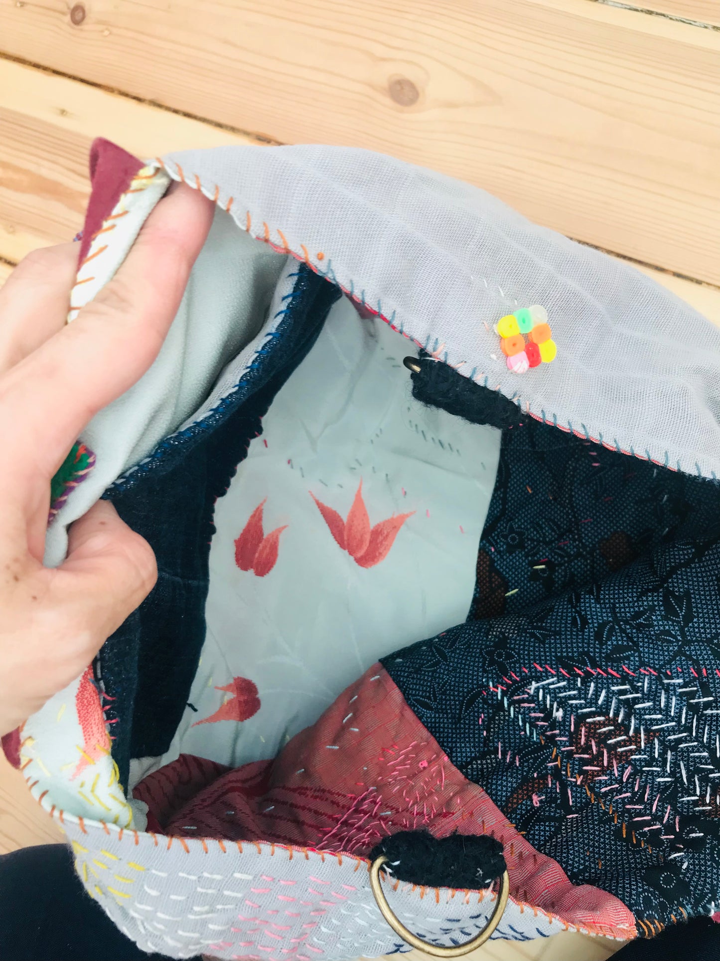 Taske håndsyet taske stof ægte læder håndtag slow fashion håndlavet 1698