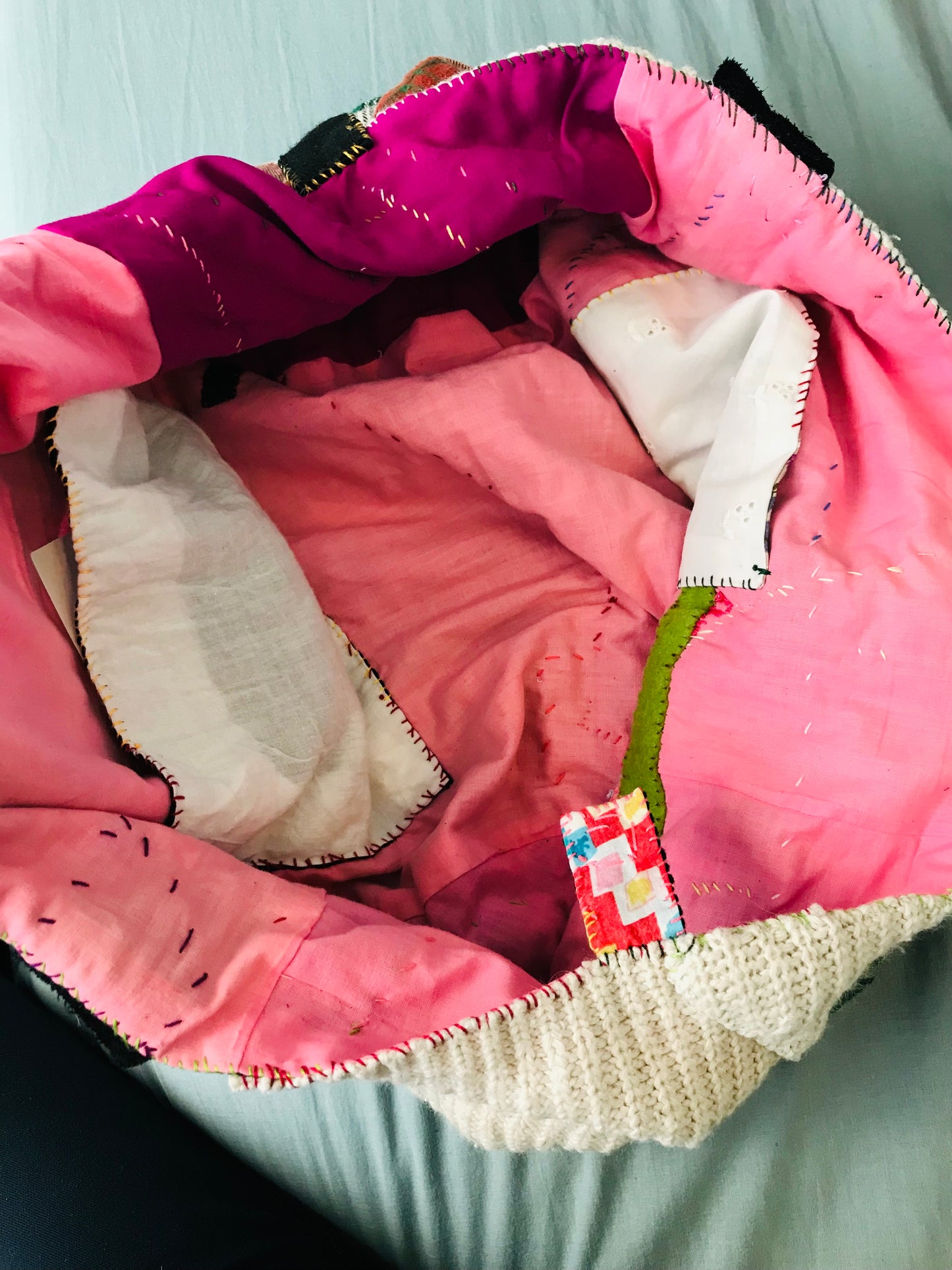 Taske håndsyet taske stof ægte læder håndtag håndlavet 1629