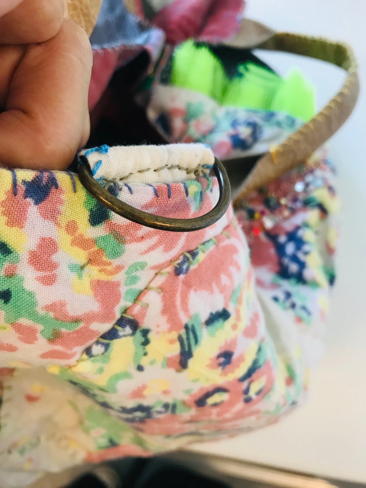 Bag   手縫いのバッグ　  布製　本革持ち手　スローファッション　ハンドメイド　1856