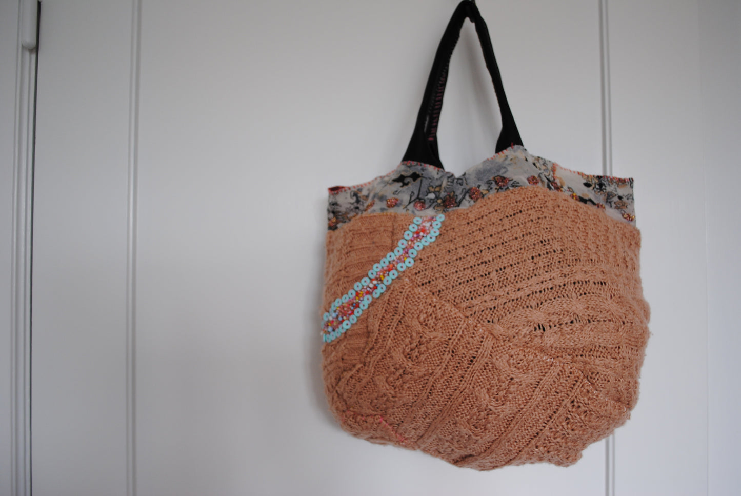 Taske håndsyet taske stof ægte læder håndtag slow fashion håndlavet 1665 