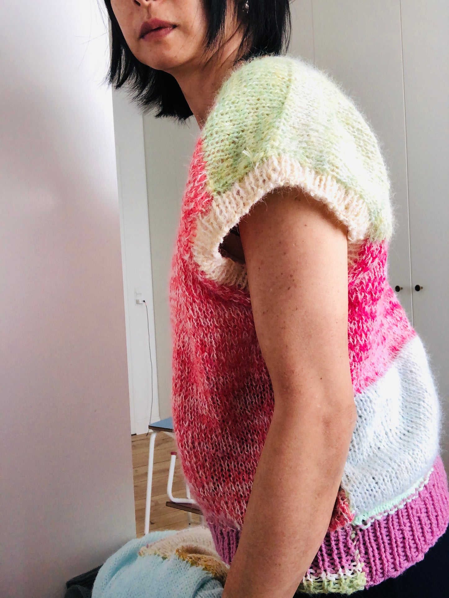 vest, sweater, knitting, yarn, wool, mohair, slow fashion, fancy yarn, one of a kind, 2419