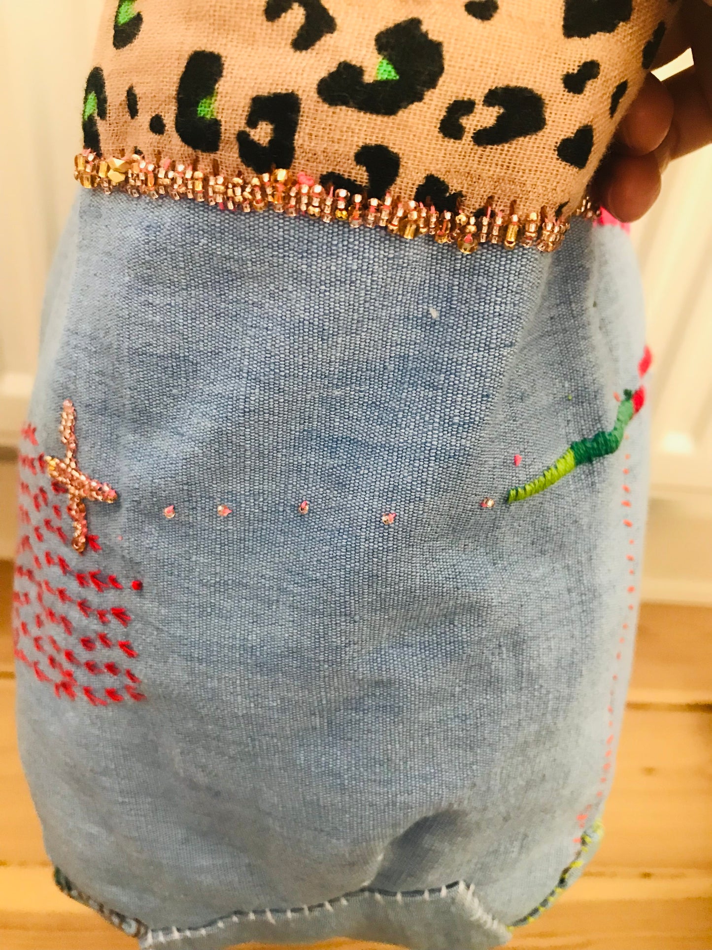 Bag   手縫いのバッグ　  布製　本革持ち手　スローファッション　ハンドメイド　1737