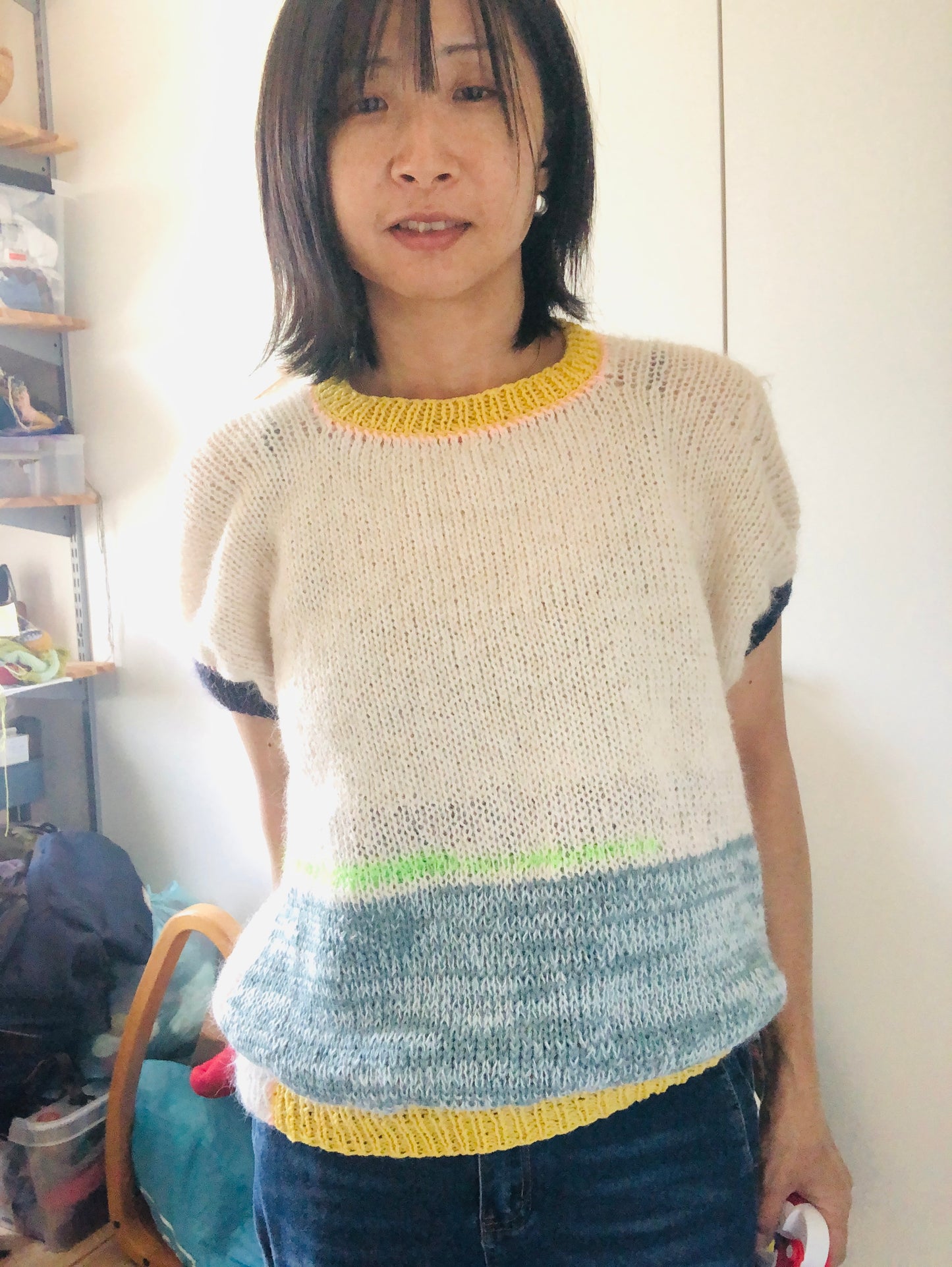 Short-sleeved knit sweater, summer sweater, knitting, yarn, wool, mohair, slow fashion, fancy yarn, short-sleeved, one-of-a-kind, 2446