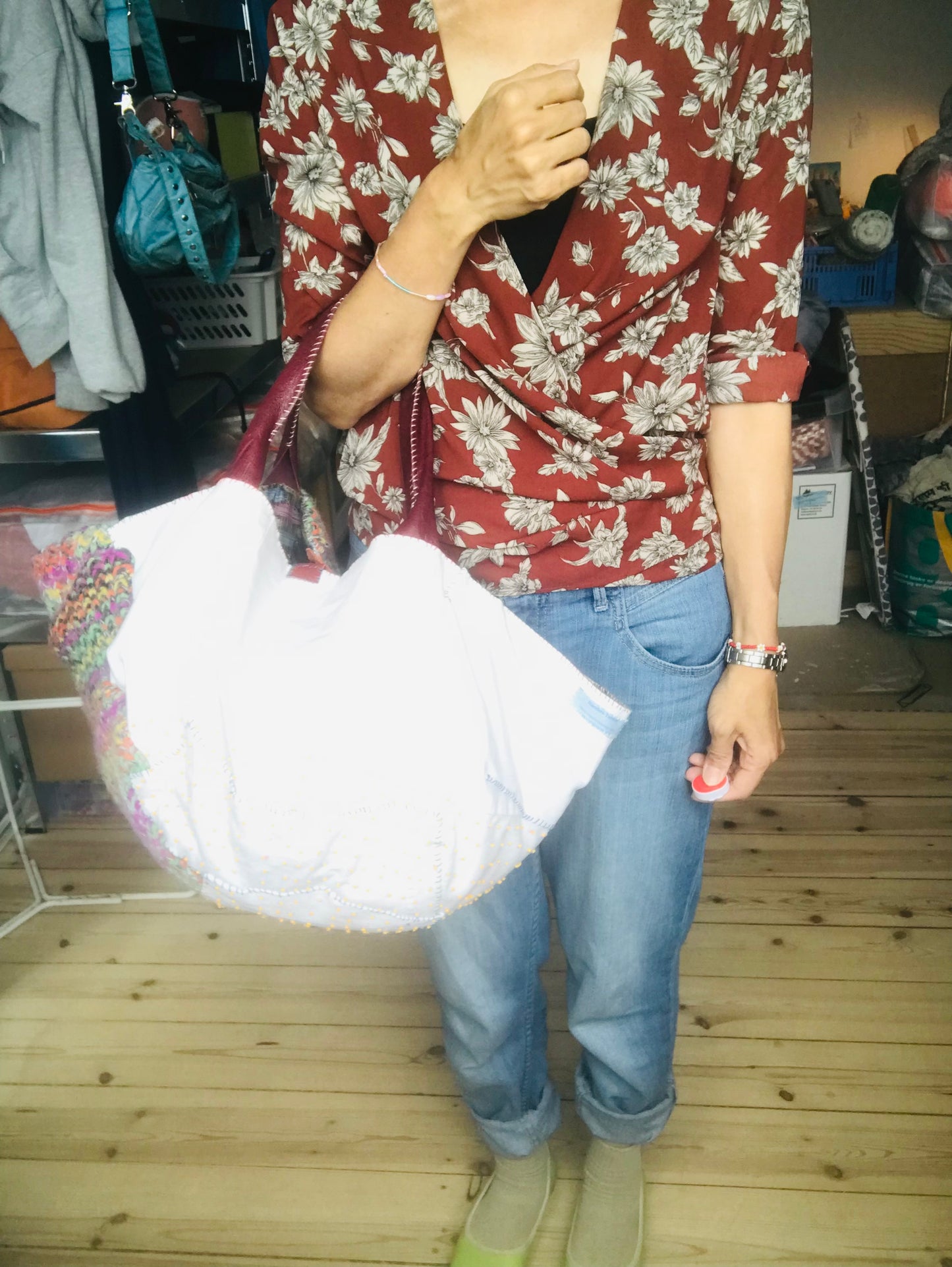 Bag   手縫いのバッグ　  布製　本革持ち手　スローファッション　ハンドメイド　1774