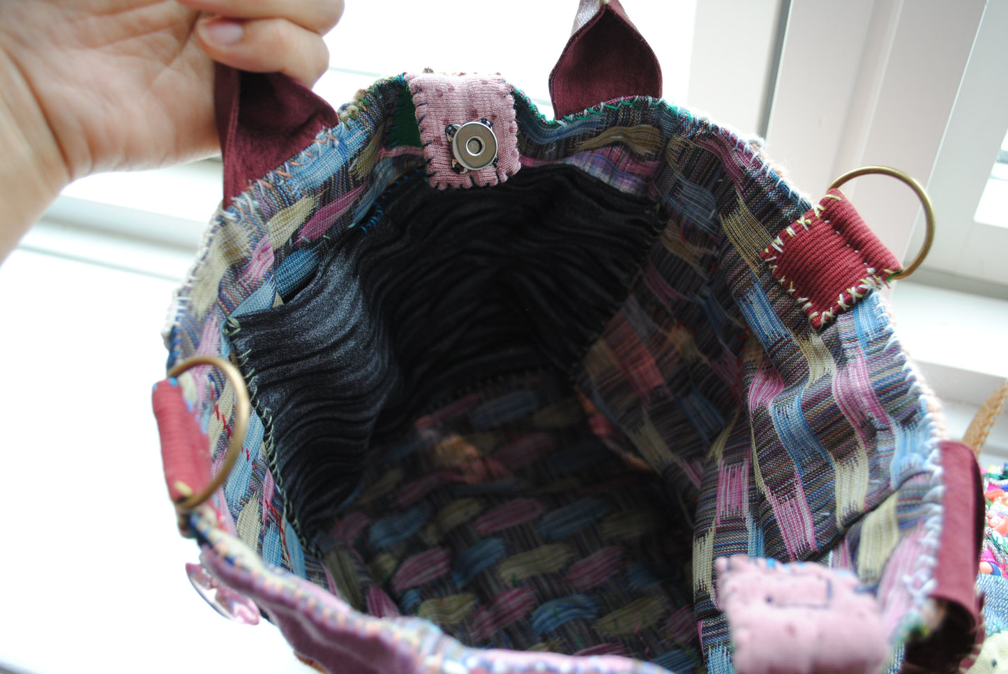 Bag   手縫いのバッグ　  布製　本革持ち手　スローファッション　ハンドメイド　1789