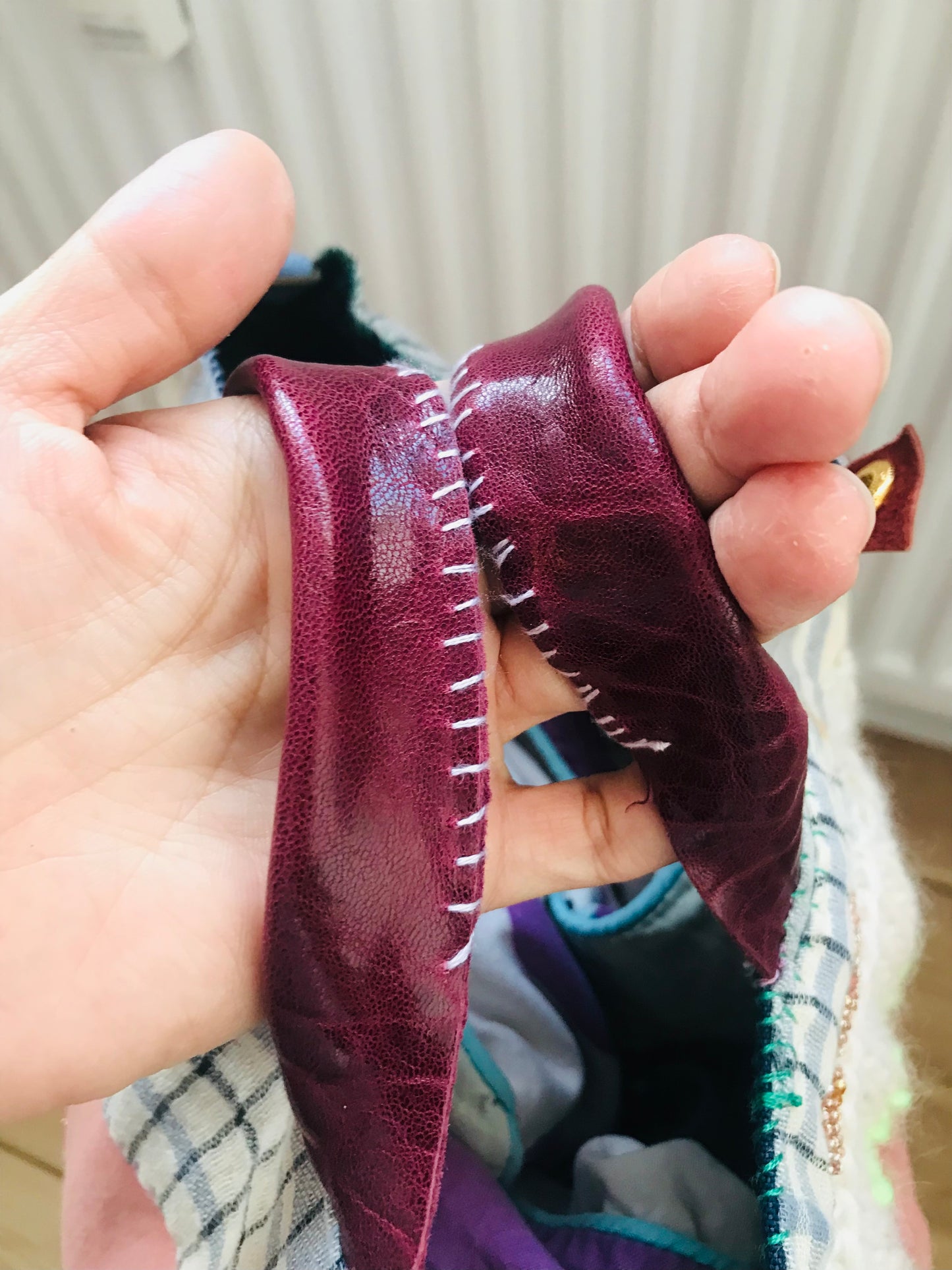 Bag   手縫いのバッグ　  布製　本革持ち手　スローファッション　ハンドメイド　1736