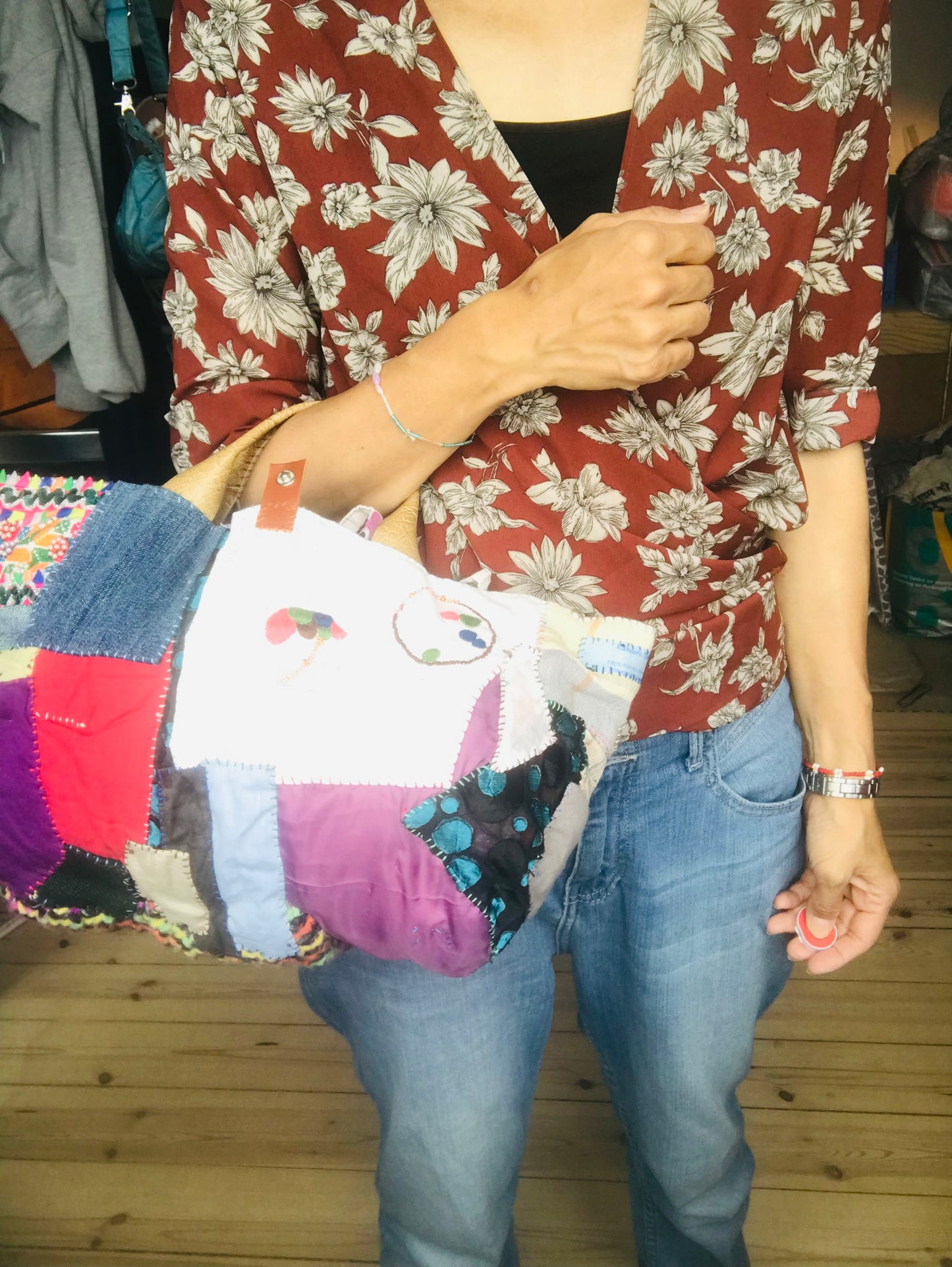 Bag   手縫いのバッグ　  布製　本革持ち手　スローファッション　ハンドメイド　1775