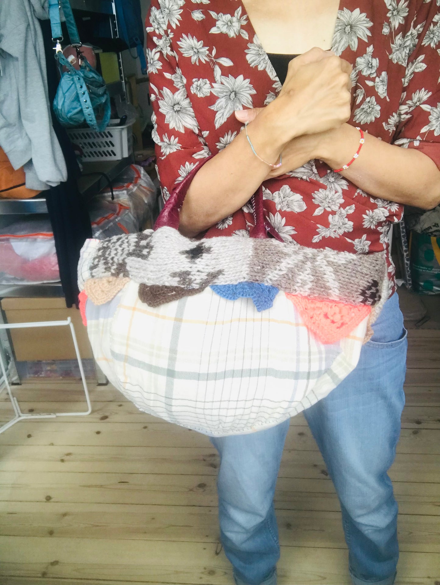 Bag hand sewn bag fabric genuine leather handle slow fashion handmade 1776