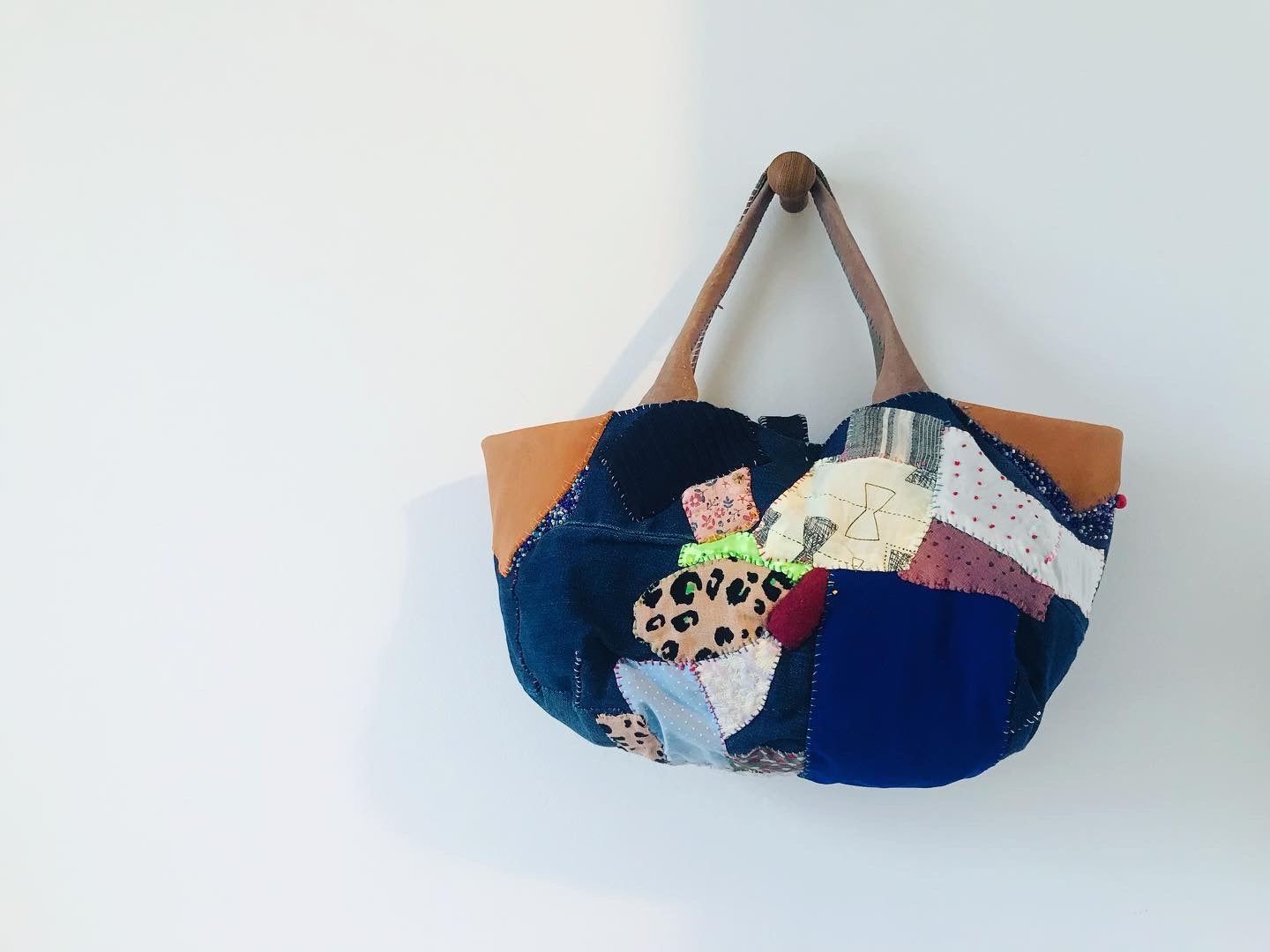 Bag Hand Sewn Bag Fabric Genuine Leather Handle Slow Fashion Handmade 1862 