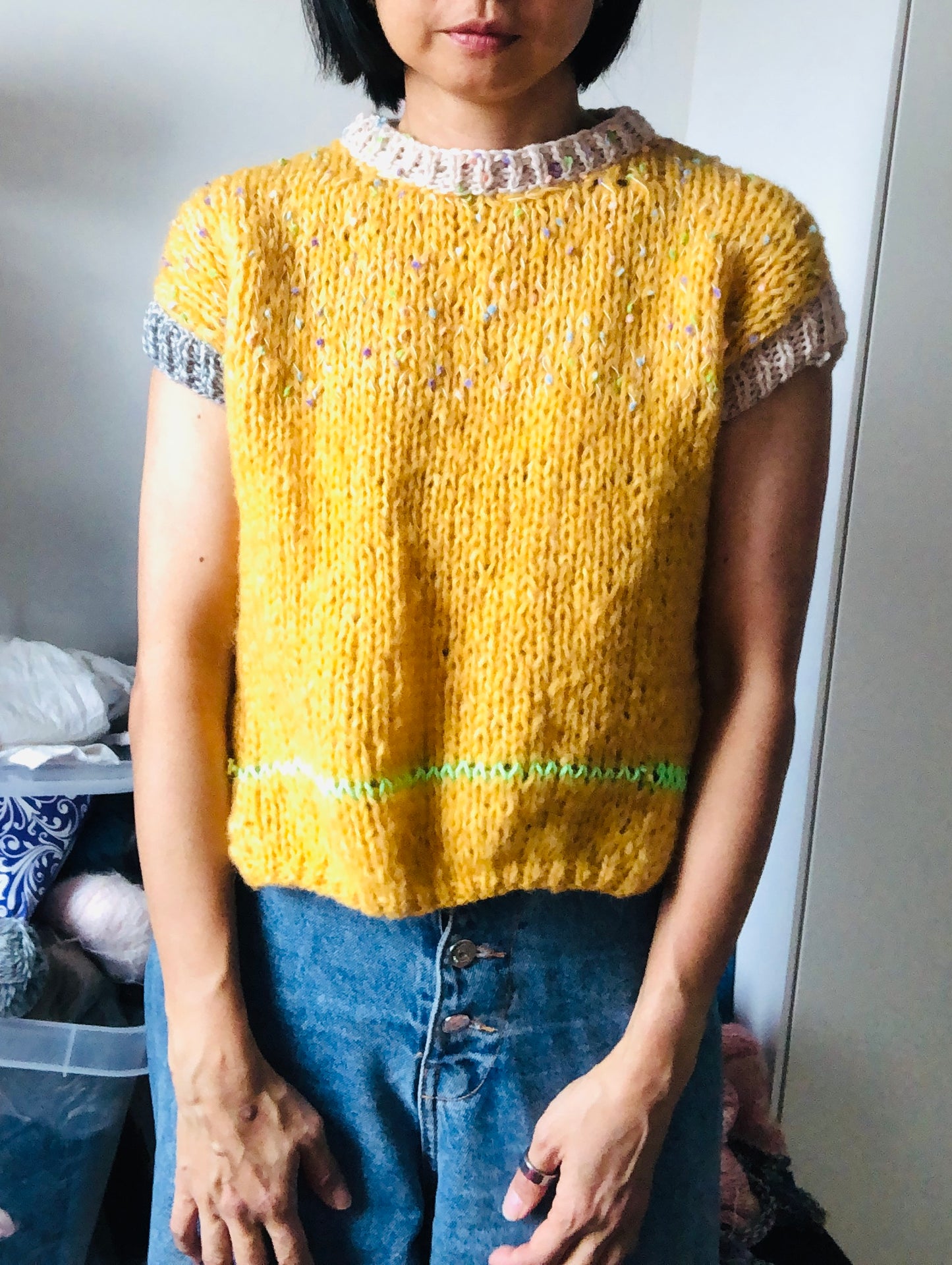 セーター　手編み　スローファッション　ファンシーヤーン　oneofakind  半袖　2520