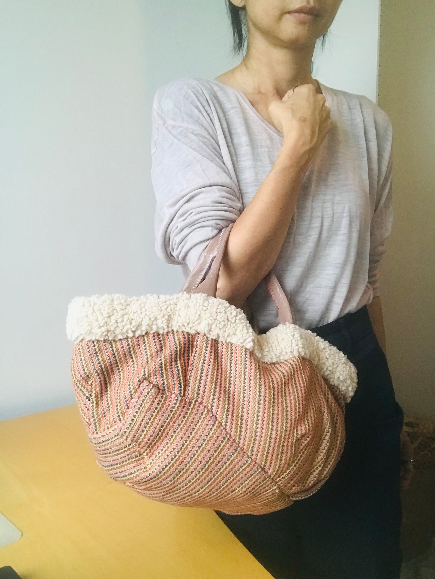 Bag Hand Sewn Bag Fabric Genuine Leather Handle Slow Fashion Handmade 1863 