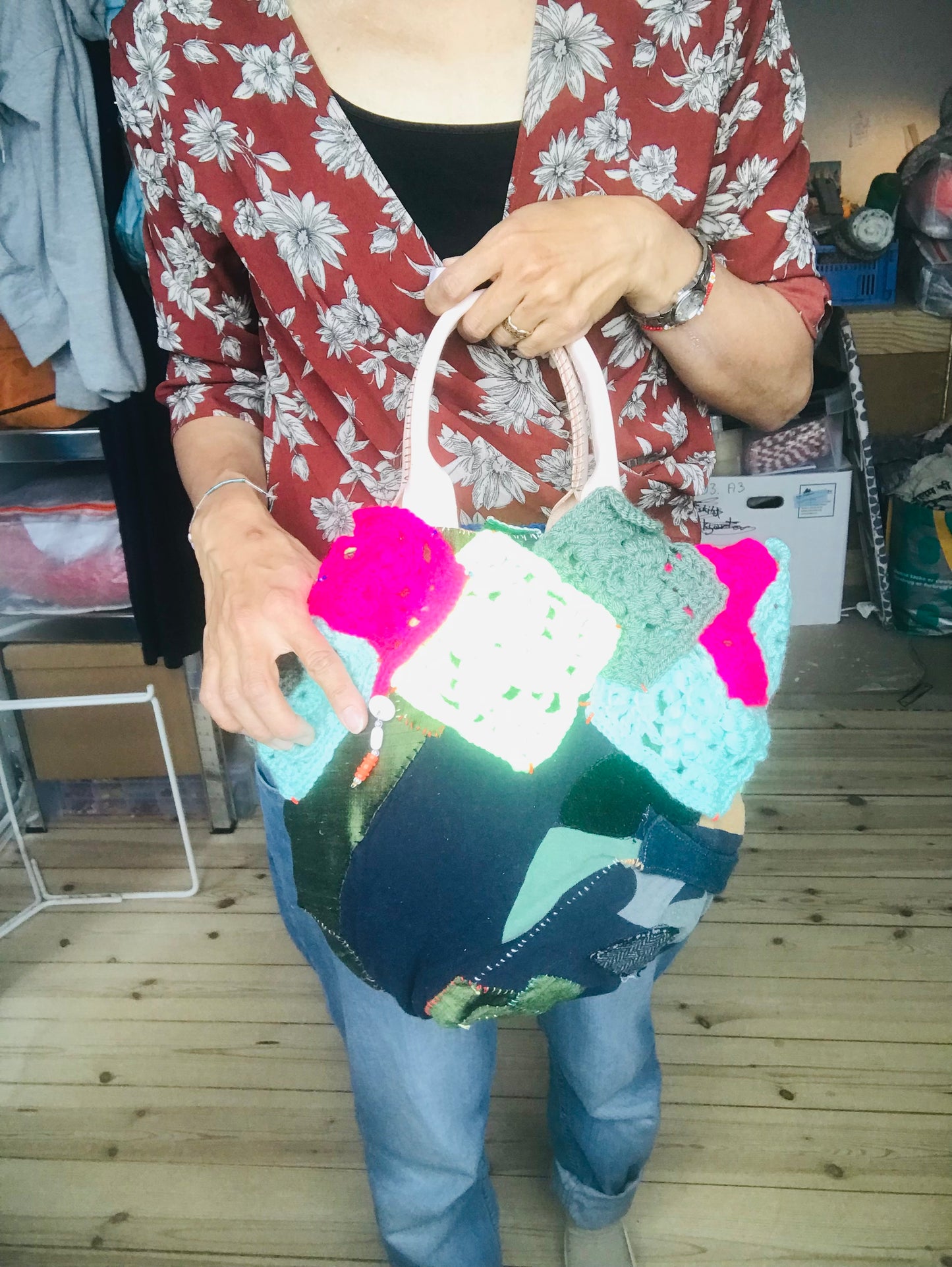 Bag   手縫いのバッグ　  布製　本革持ち手　スローファッション　ハンドメイド　1777