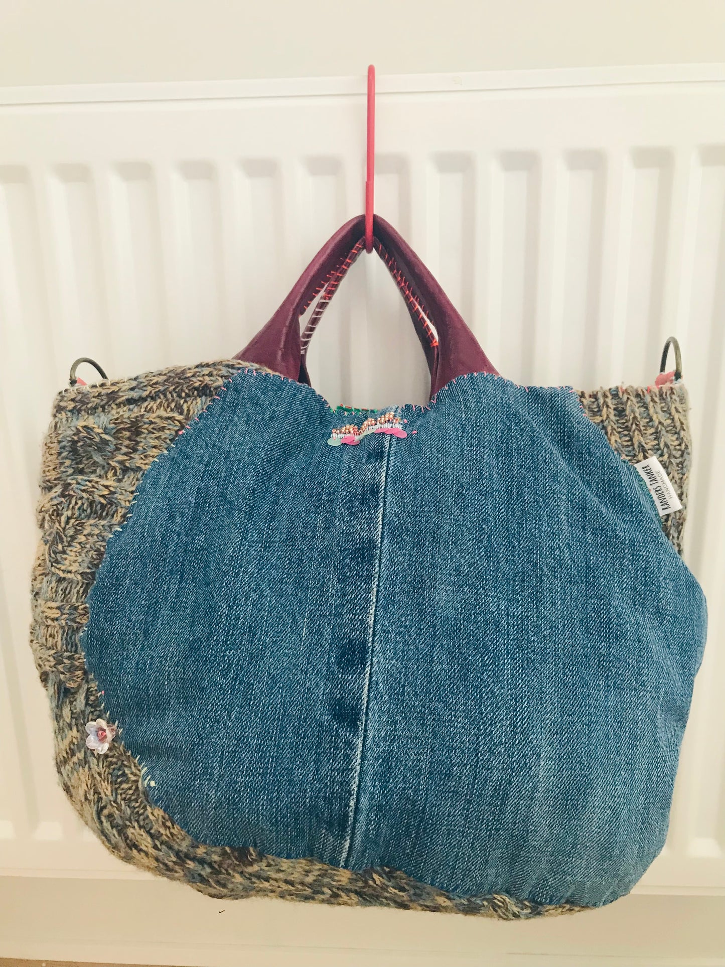 Bag   手縫いのバッグ　  布製　本革持ち手　スローファッション　ハンドメイド　1732