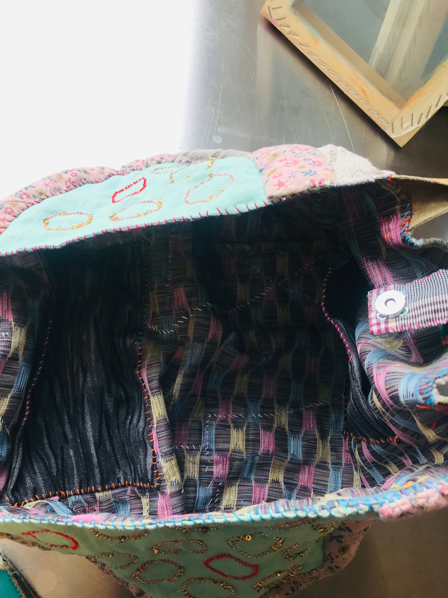 Bag   手縫いのバッグ　  布製　本革持ち手　スローファッション　ハンドメイド　1800