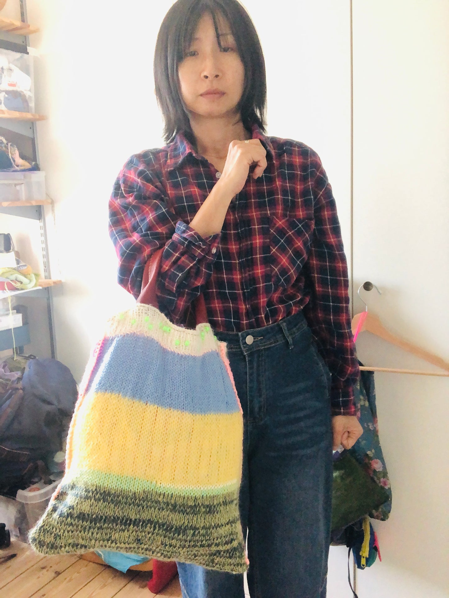 Bag - Hand-sewn fabric bag, knitted tote bag, slow fashion, handmade - 2440