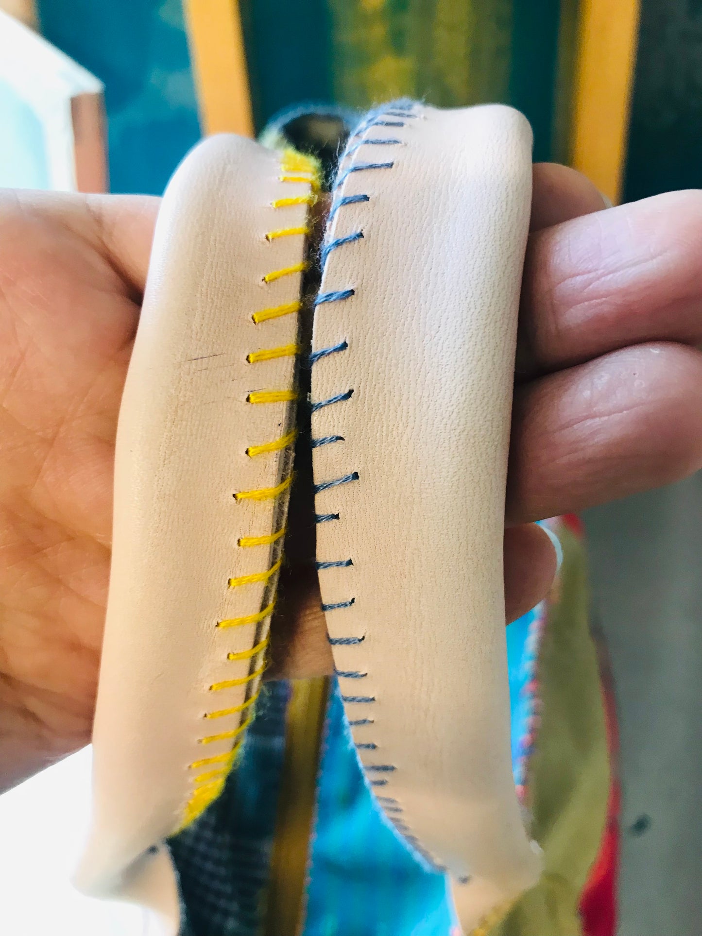 Bag   手縫いのバッグ　  布製　本革持ち手　スローファッション　ハンドメイド　1801