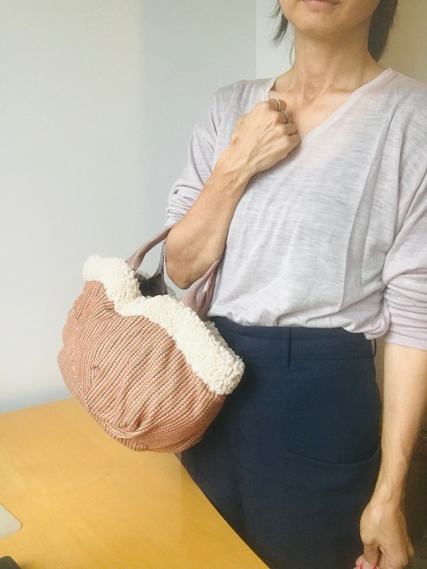 Bag Hand Sewn Bag Fabric Genuine Leather Handle Slow Fashion Handmade 1863 