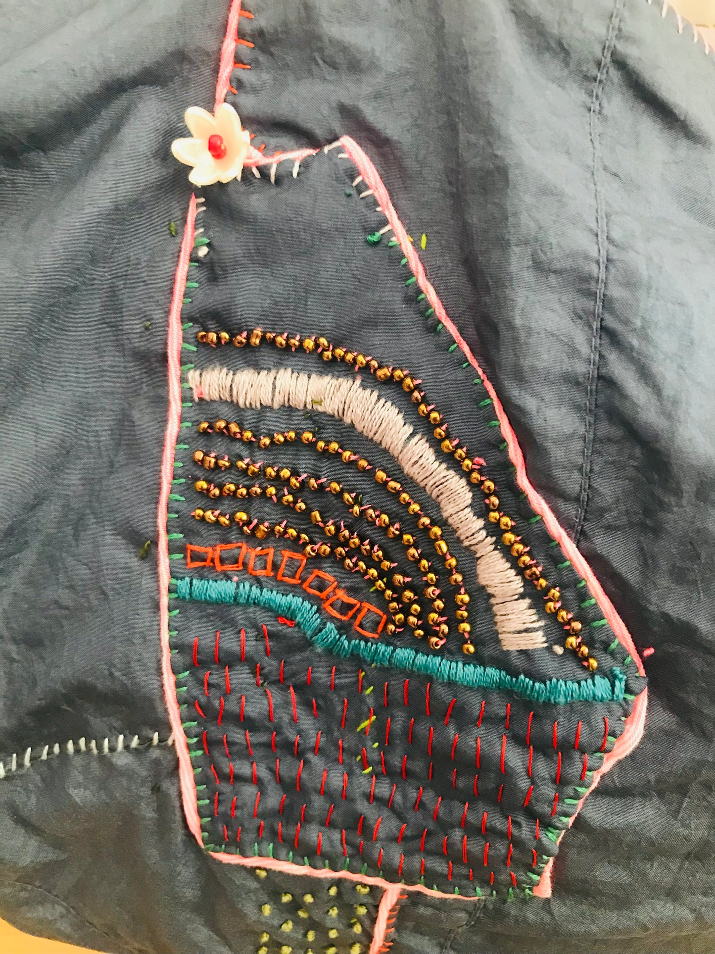 Bag   手縫いのバッグ　  布製　本革持ち手　スローファッション　ハンドメイド　1735