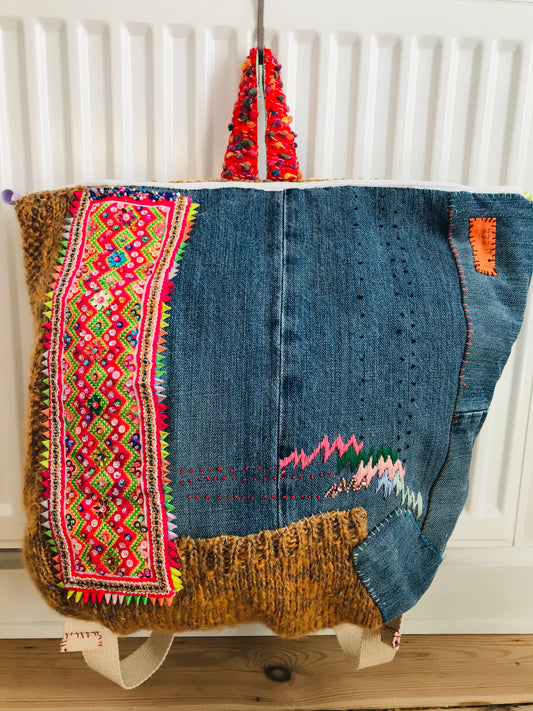 Rucksack Beaded Embroidered Hand Sewn Fabric Canvas 1586