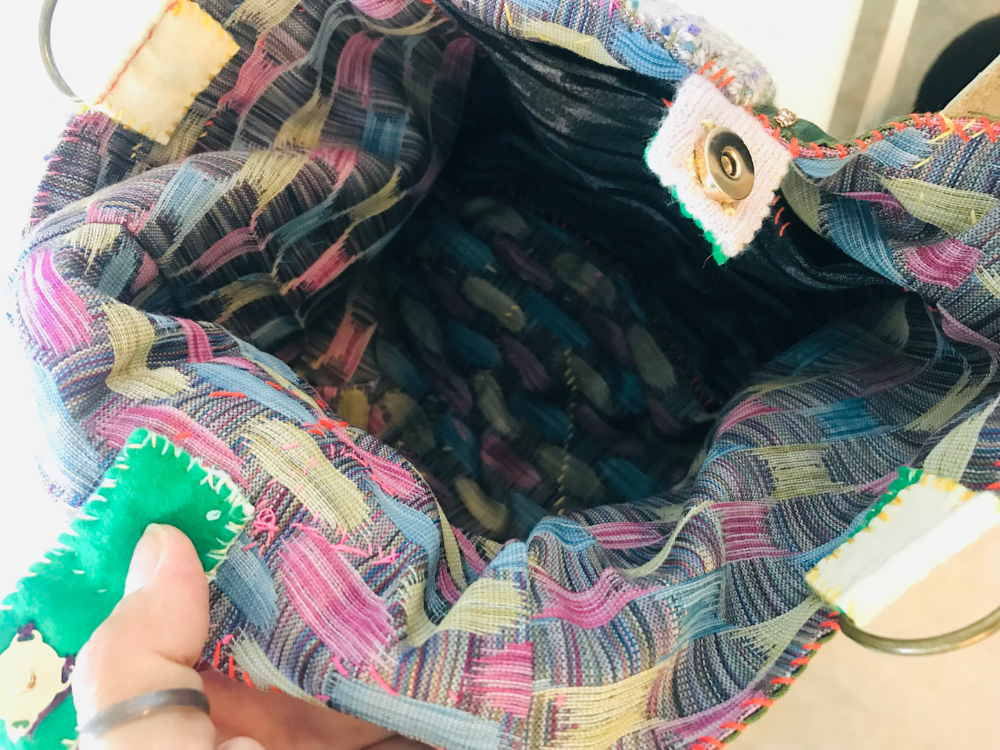 Bag   手縫いのバッグ　  布製　本革持ち手　スローファッション　ハンドメイド　1818