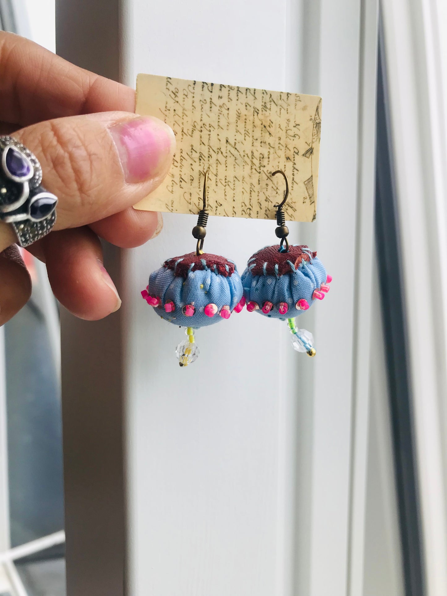 accessories hand sewn earrings possibly asymmetric earrings beads fabric slow fashion handmade 1836