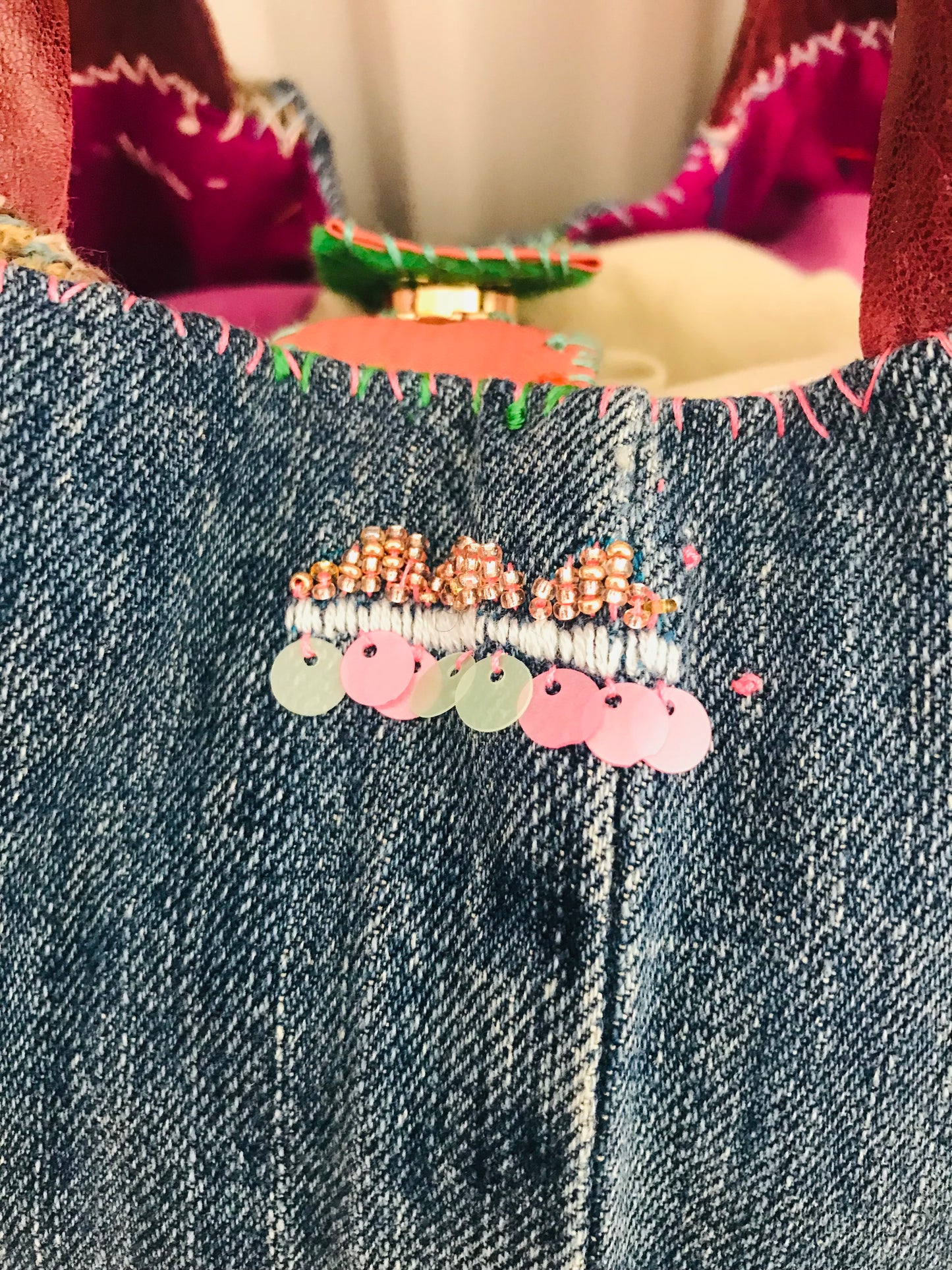 Bag   手縫いのバッグ　  布製　本革持ち手　スローファッション　ハンドメイド　1732