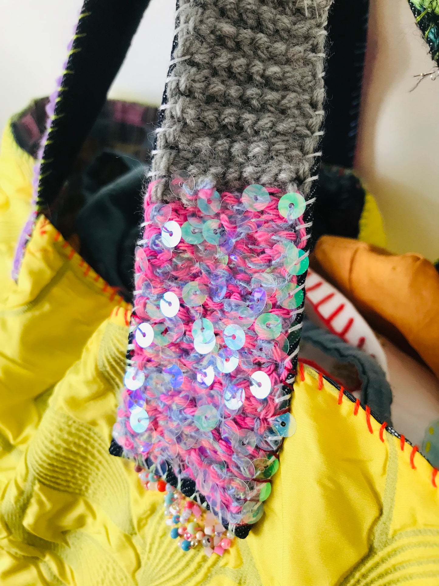 Bag   手縫いのバッグ　  布製　本革持ち手　スローファッション　ハンドメイド　1885
