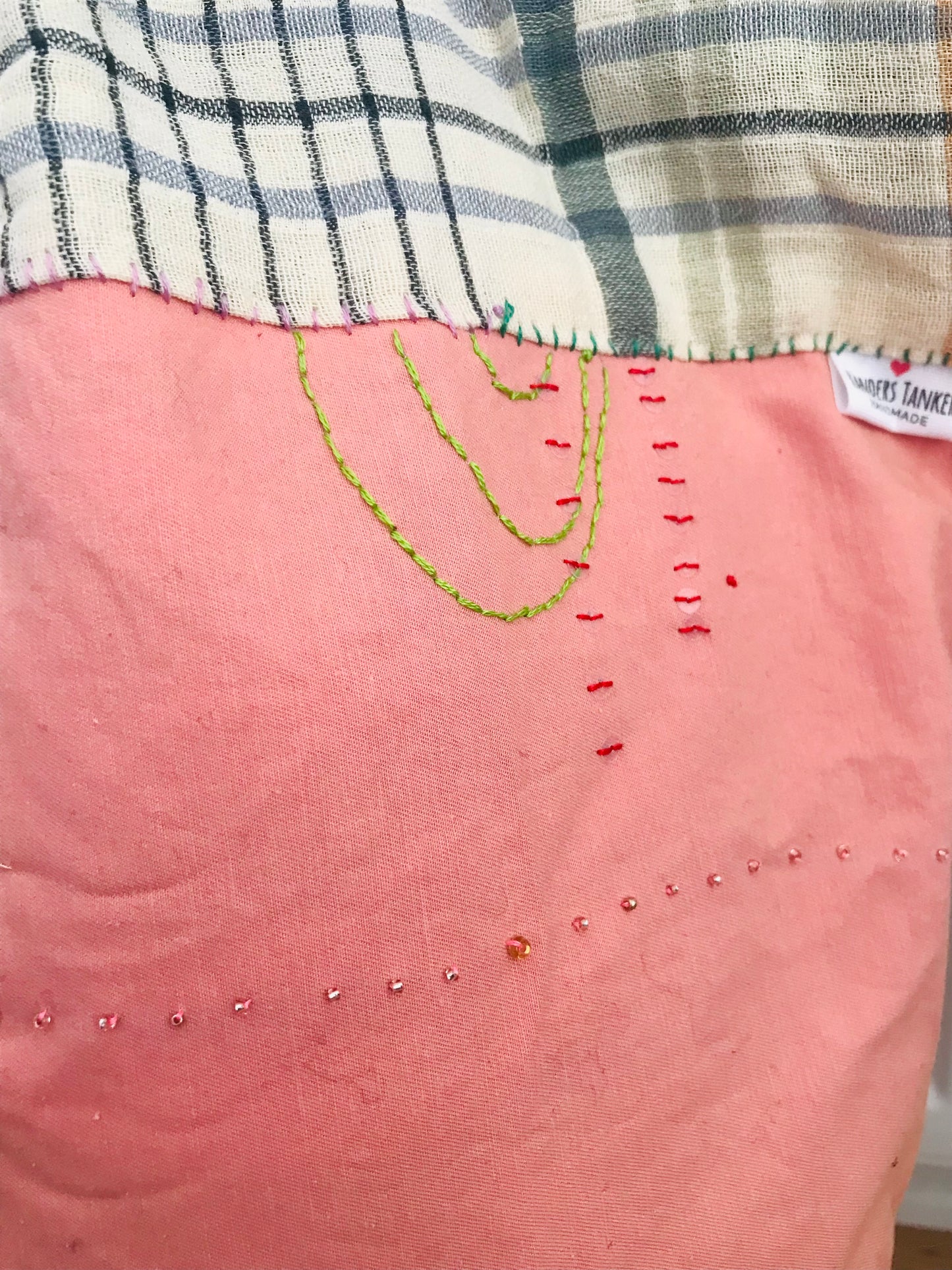 Bag   手縫いのバッグ　  布製　本革持ち手　スローファッション　ハンドメイド　1736