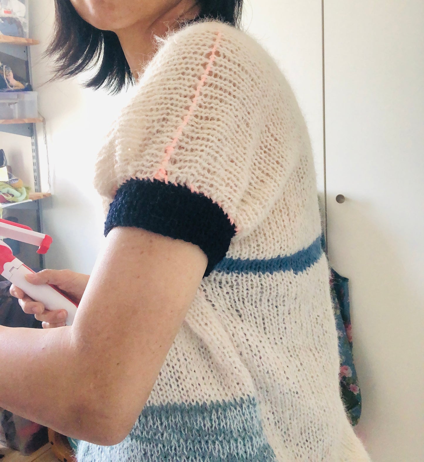 Short-sleeved knit sweater, summer sweater, knitting, yarn, wool, mohair, slow fashion, fancy yarn, short-sleeved, one-of-a-kind, 2446