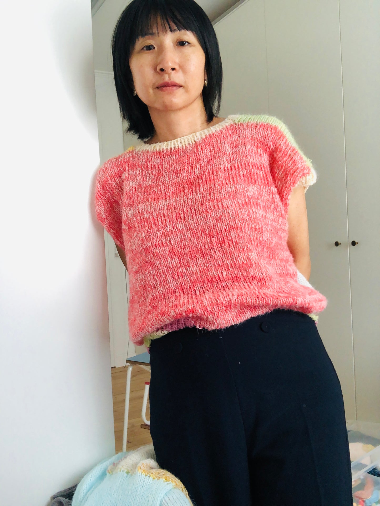 vest, sweater, knitting, yarn, wool, mohair, slow fashion, fancy yarn, one of a kind, 2419