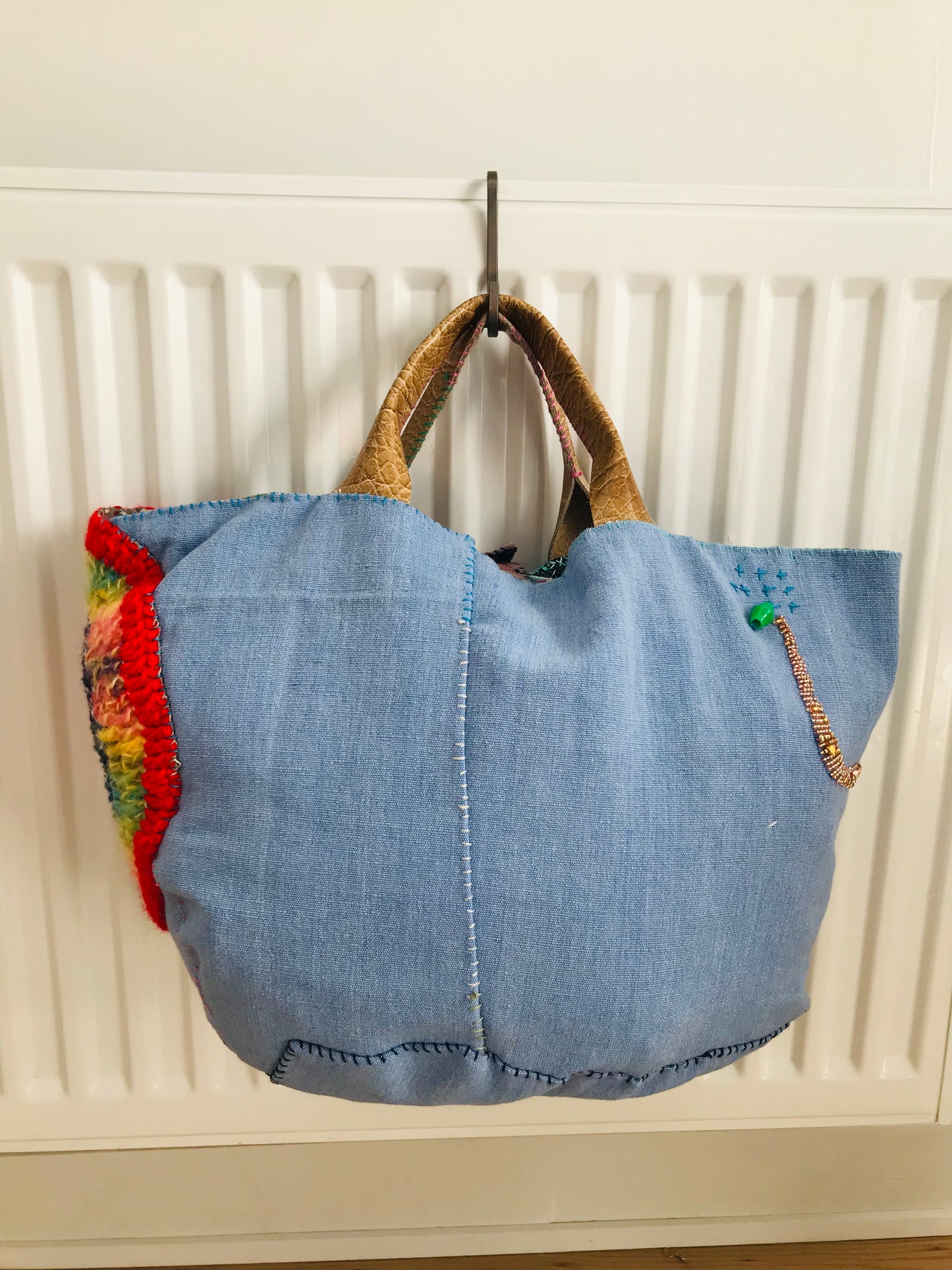 Bag   手縫いのバッグ　  布製　本革持ち手　スローファッション　ハンドメイド　1743