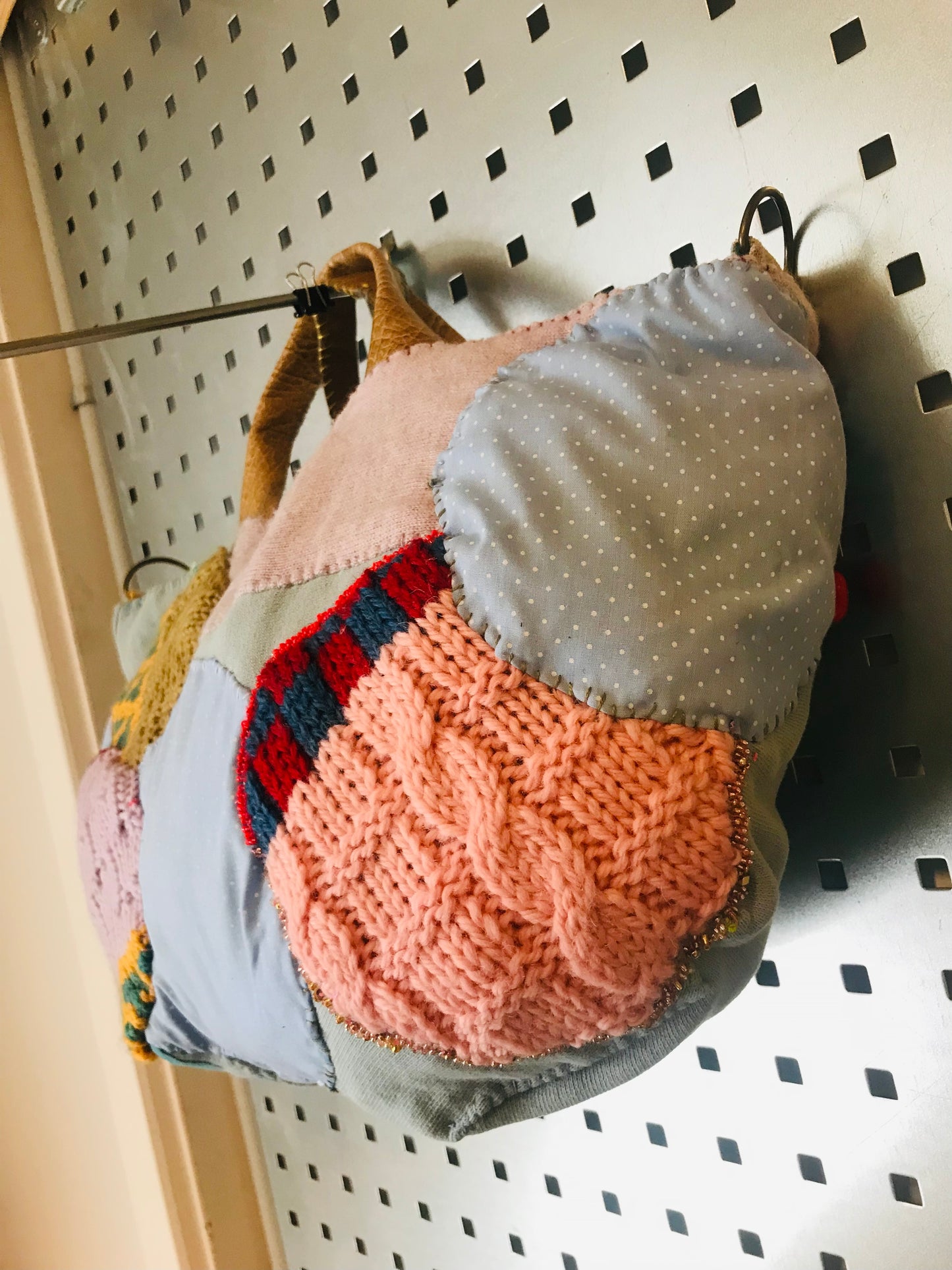 Bag   手縫いのバッグ　  布製　本革持ち手　スローファッション　ハンドメイド　1804