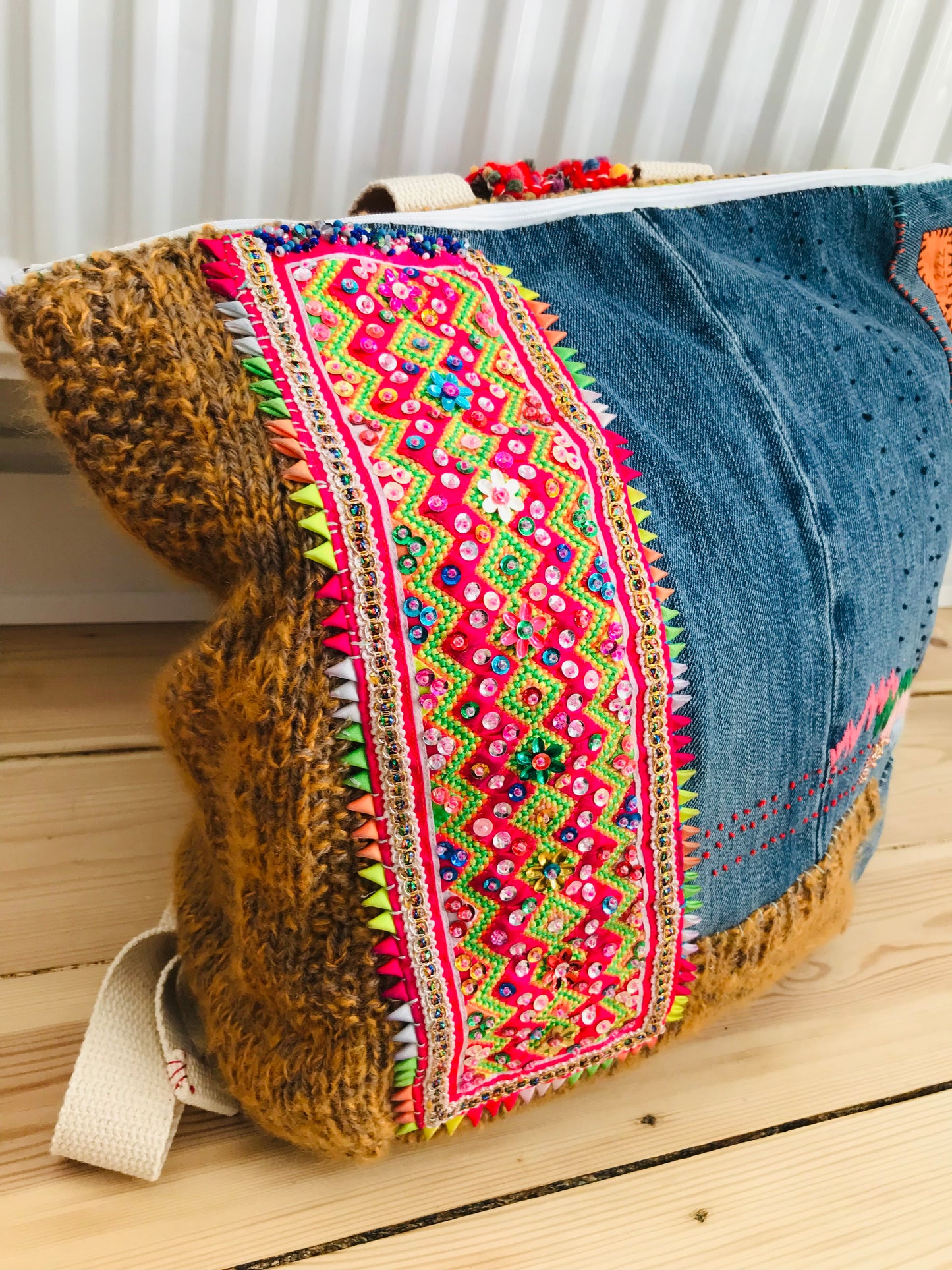 Rucksack Beaded Embroidered Hand Sewn Fabric Canvas 1586