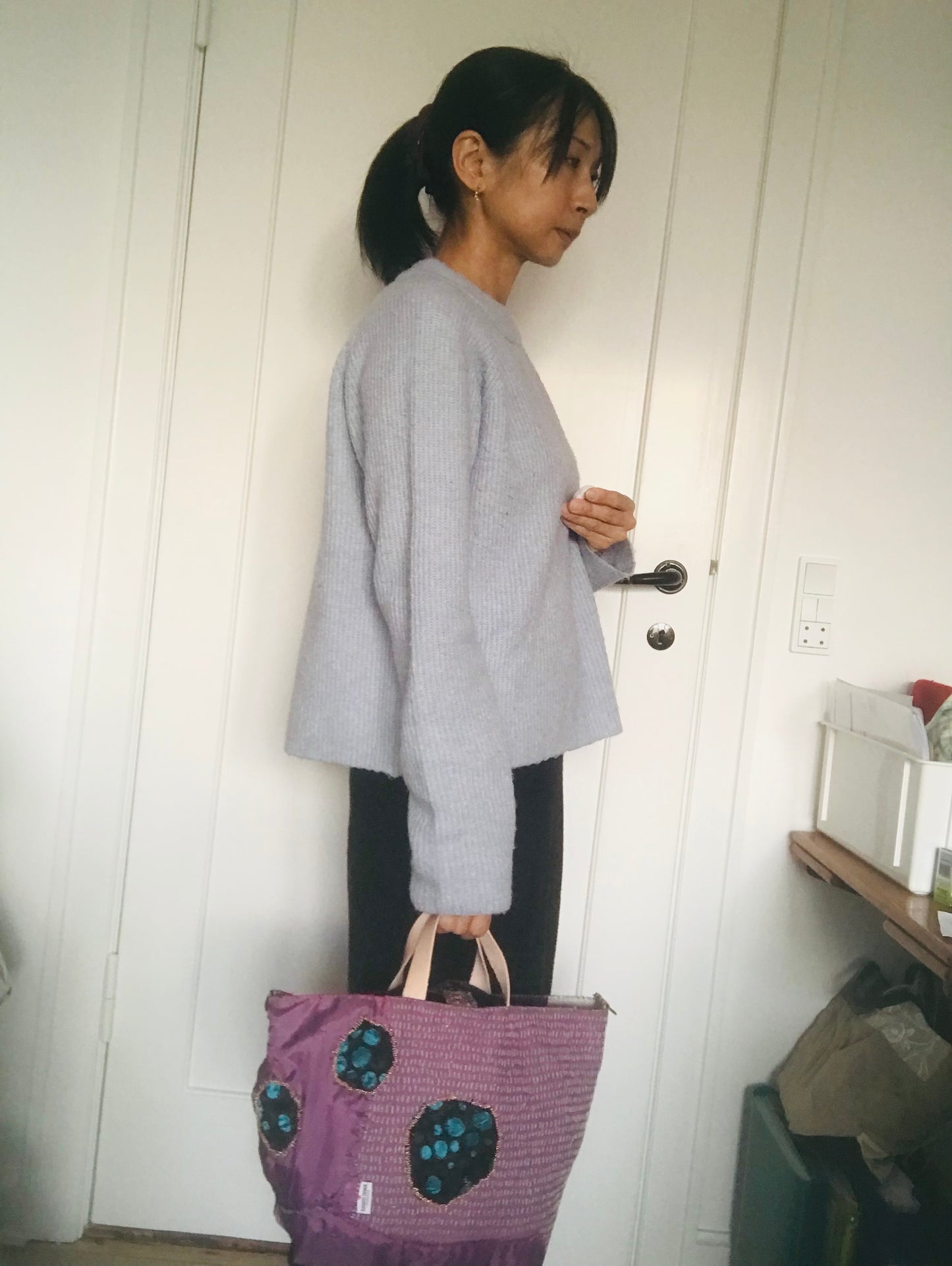 Bag   手縫いのバッグ　  布製　本革持ち手　スローファッション　ハンドメイド　1733