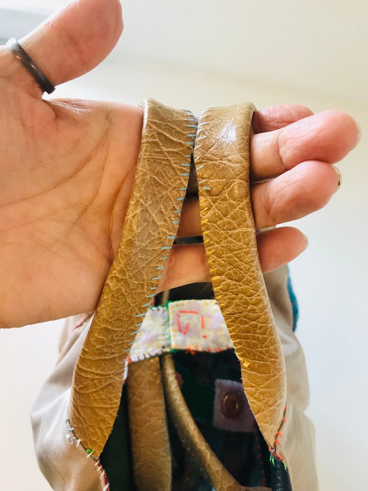 Bag   手縫いのバッグ　  布製　本革持ち手　スローファッション　ハンドメイド　1853