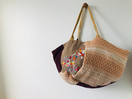 Taske håndsyet taske stof ægte læder håndtag slow fashion håndlavet 1687 