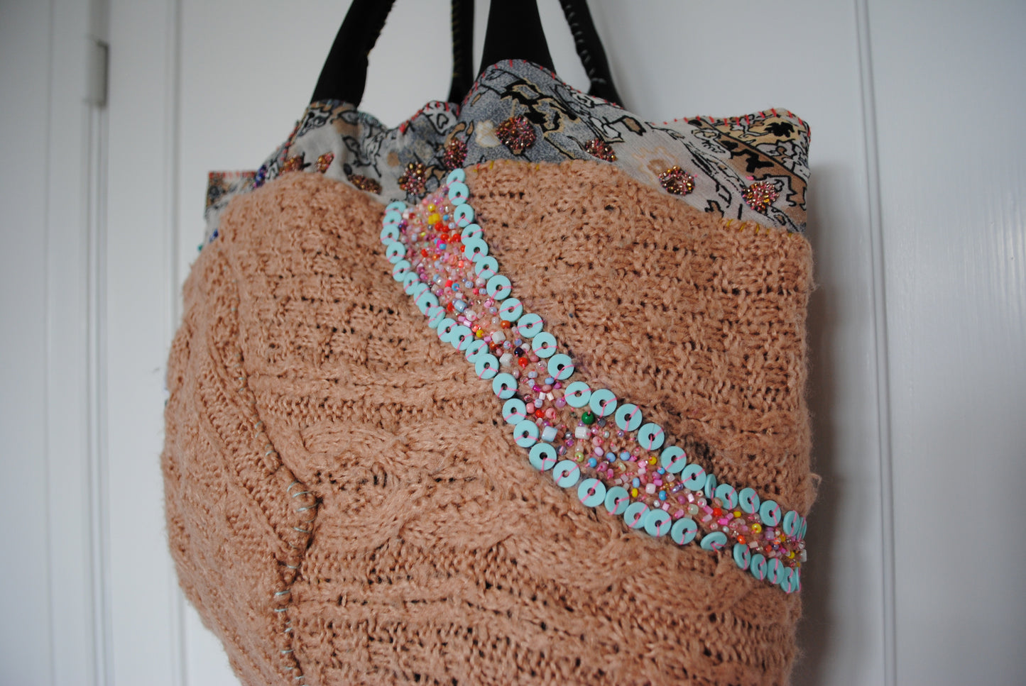 Taske håndsyet taske stof ægte læder håndtag slow fashion håndlavet 1665 