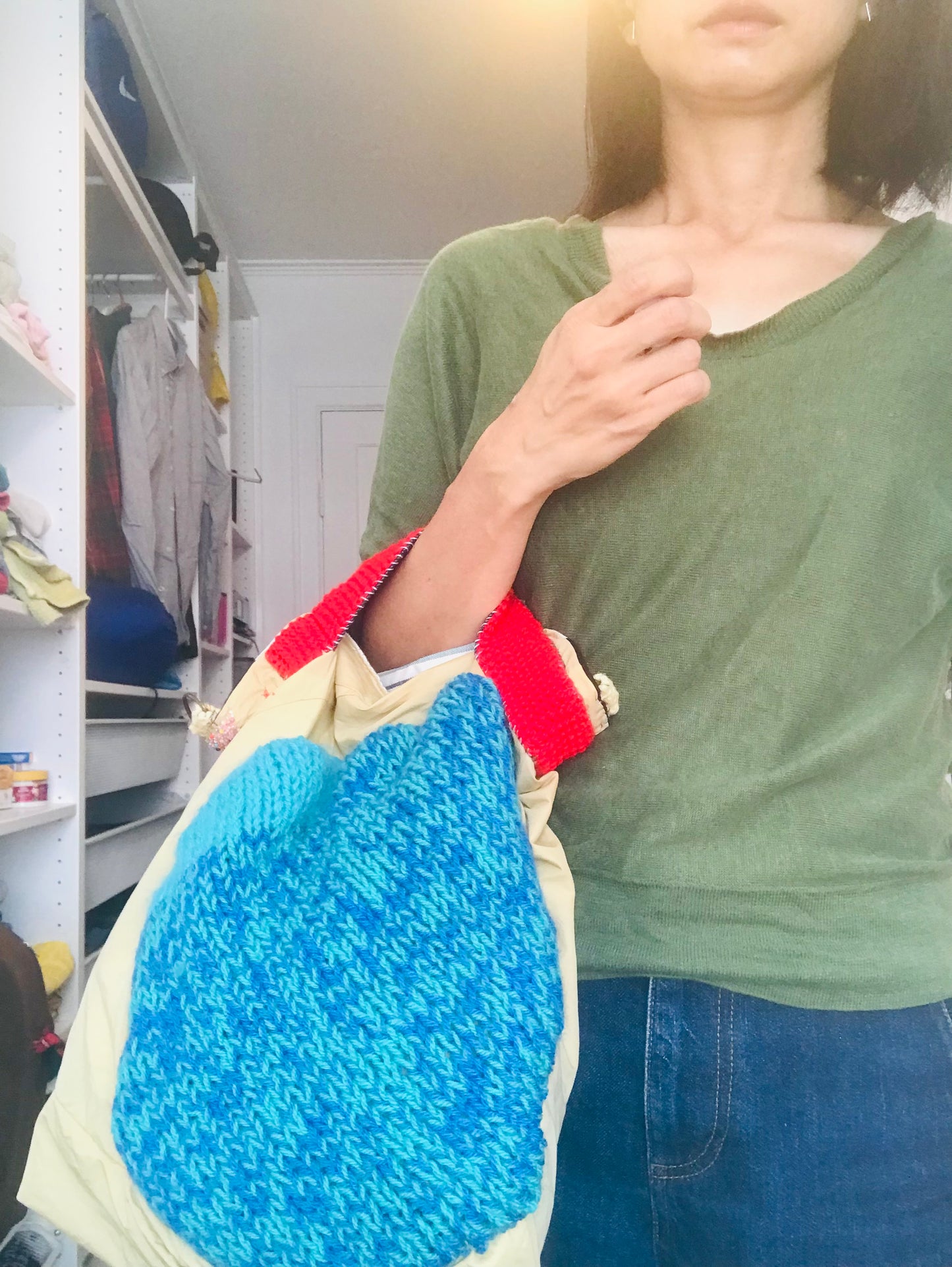 Bag   手縫いのバッグ　  布製　本革持ち手　スローファッション　ハンドメイド　1887