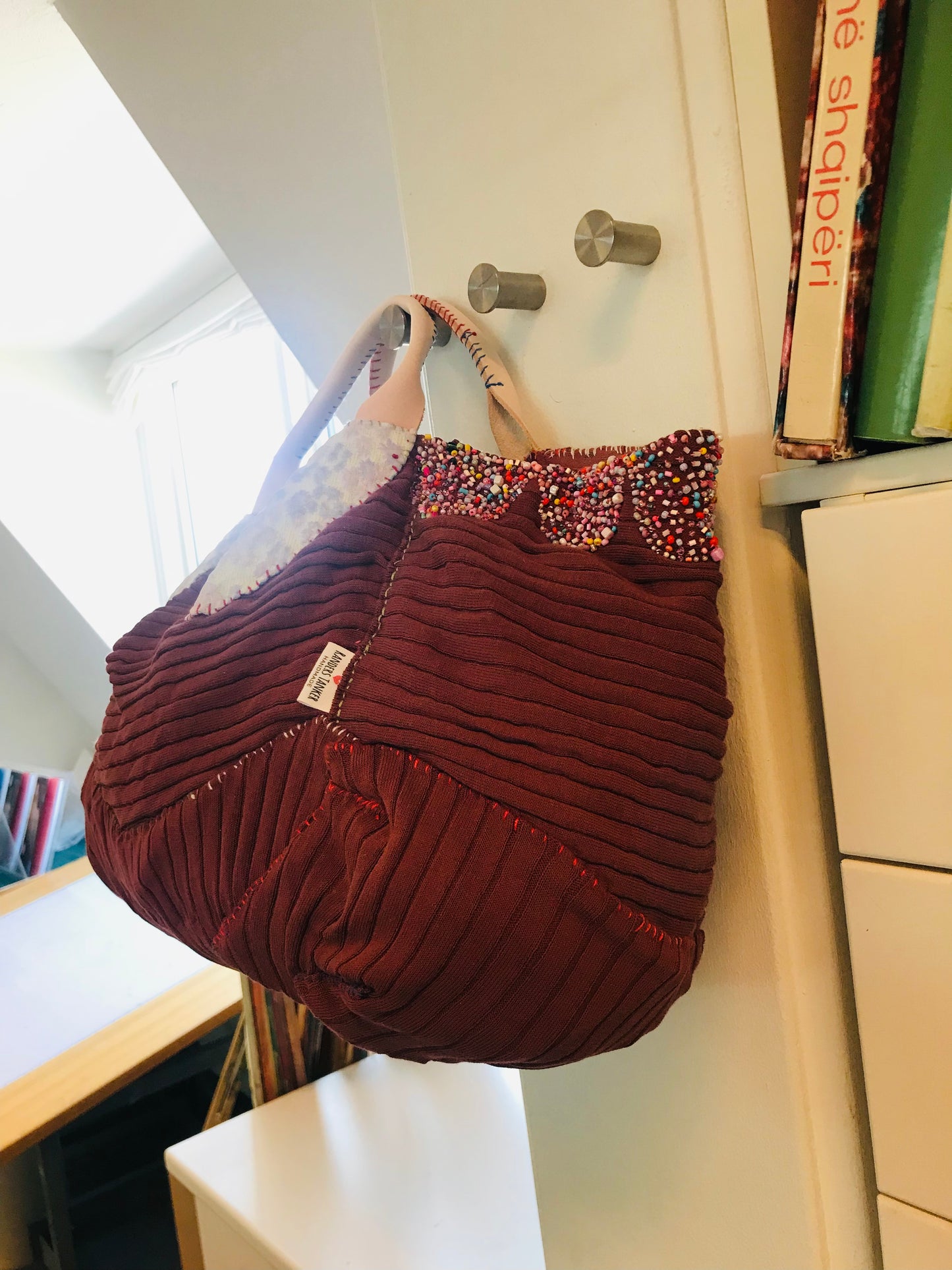Bag   手縫いのバッグ　  布製　本革持ち手　スローファッション　ハンドメイド　1820