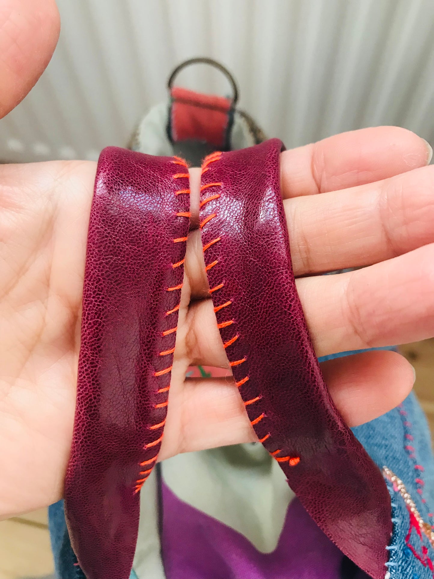 Bag   手縫いのバッグ　  布製　本革持ち手　スローファッション　ハンドメイド　1732