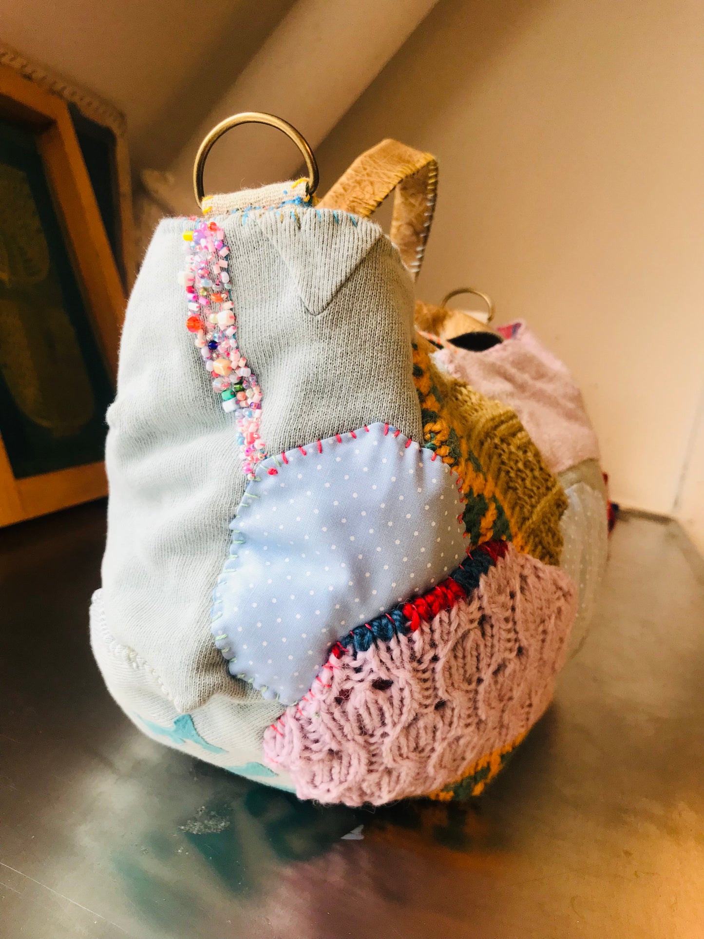 Bag   手縫いのバッグ　  布製　本革持ち手　スローファッション　ハンドメイド　1804