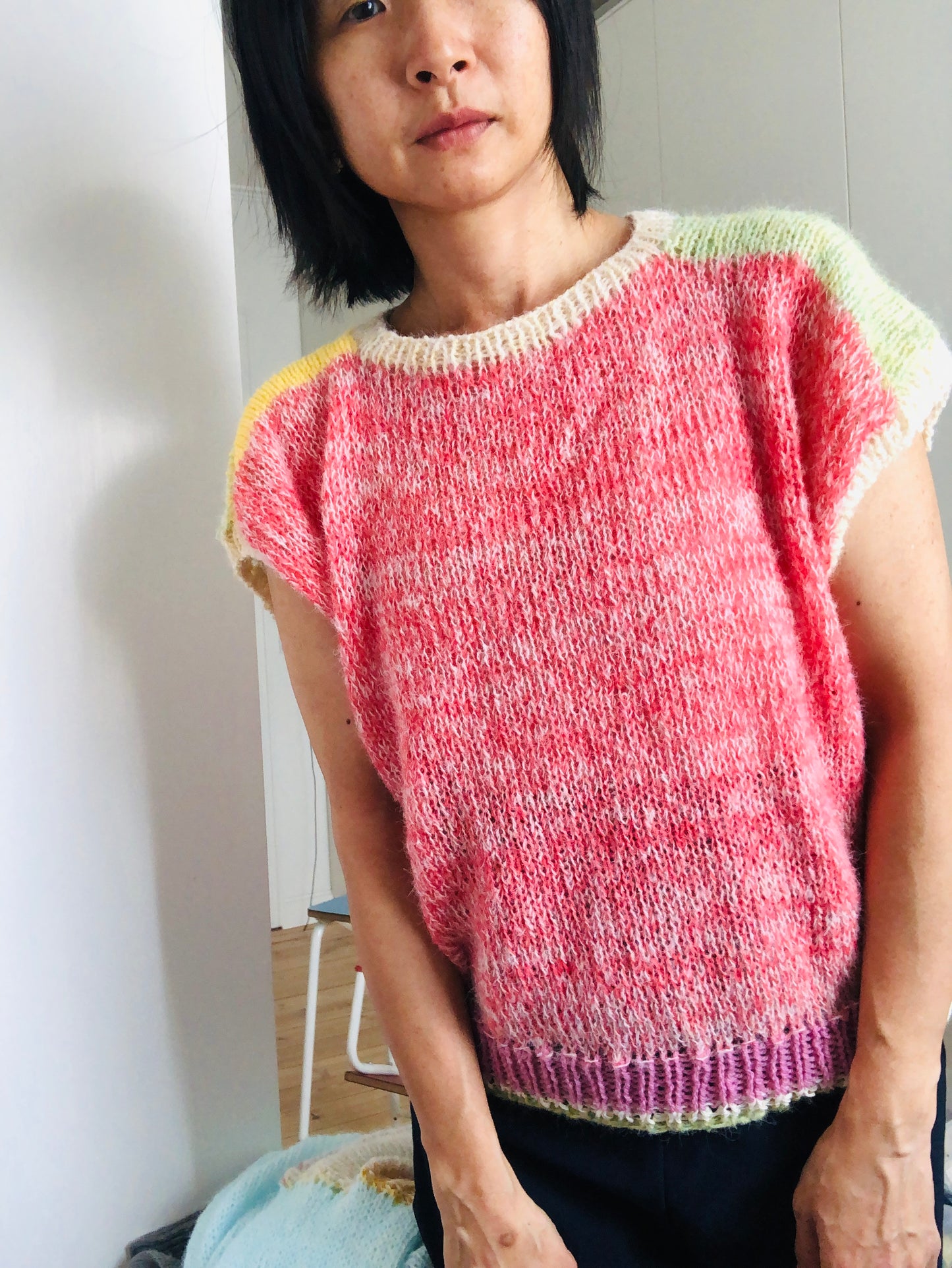 vest, sweater, knitting, yarn, wool, mohair, slow fashion, fancy yarn, one of a kind, 2419