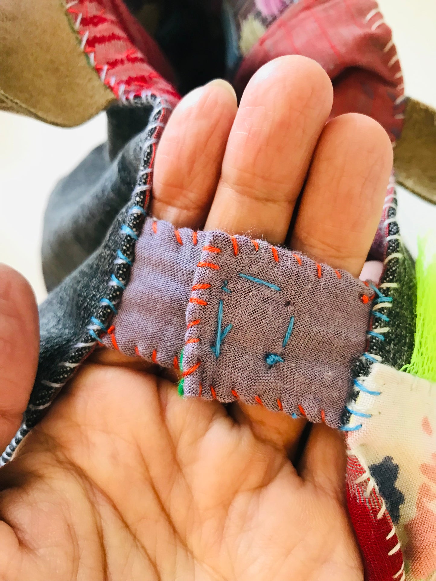 Bag   手縫いのバッグ　  布製　本革持ち手　スローファッション　ハンドメイド　1856
