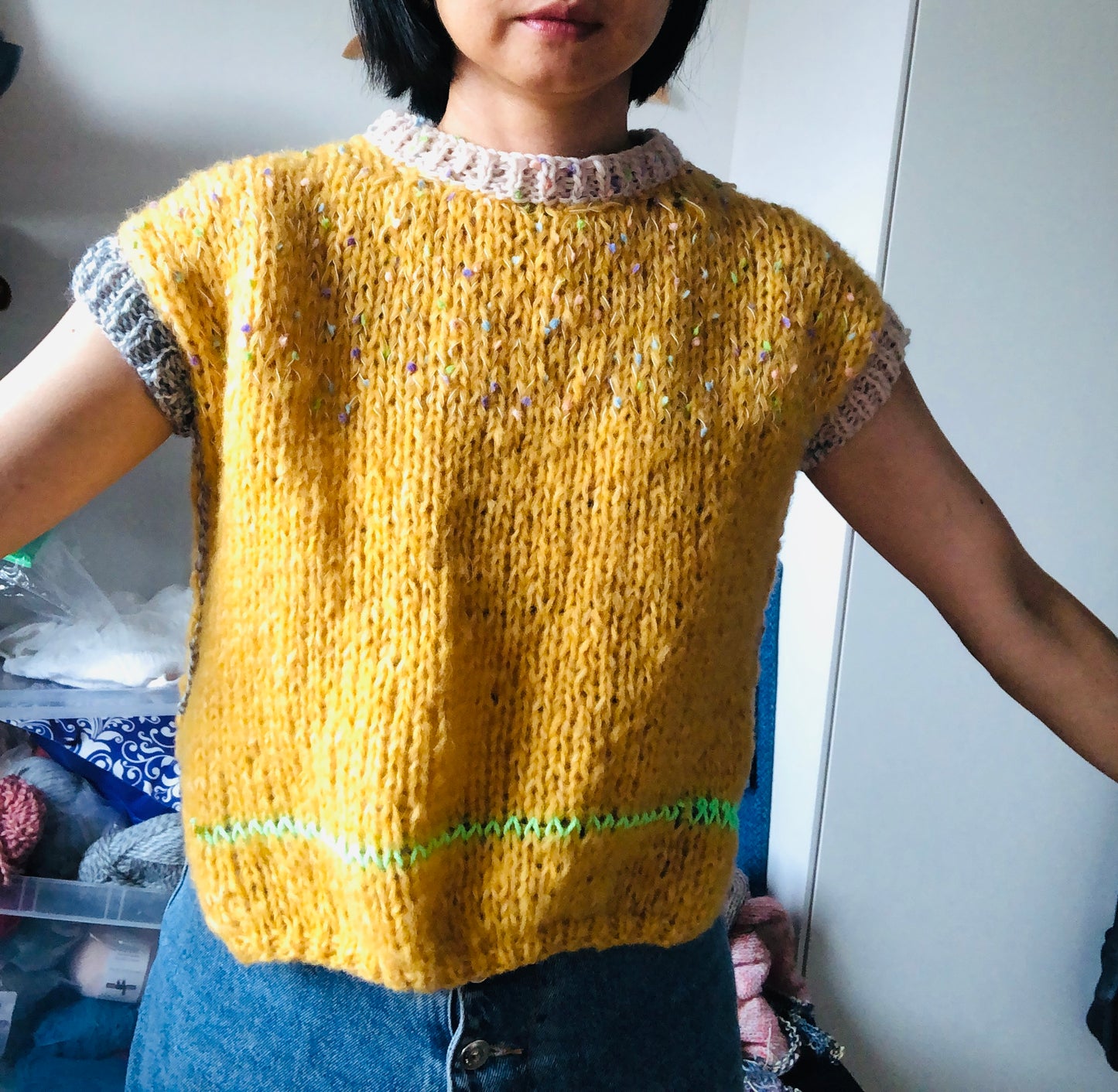 セーター　手編み　スローファッション　ファンシーヤーン　oneofakind  半袖　2520