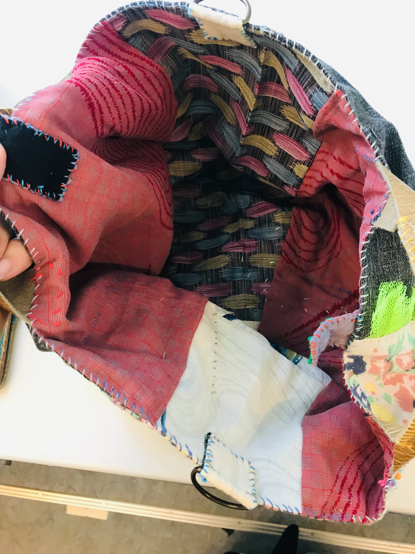 Bag   手縫いのバッグ　  布製　本革持ち手　スローファッション　ハンドメイド　1856