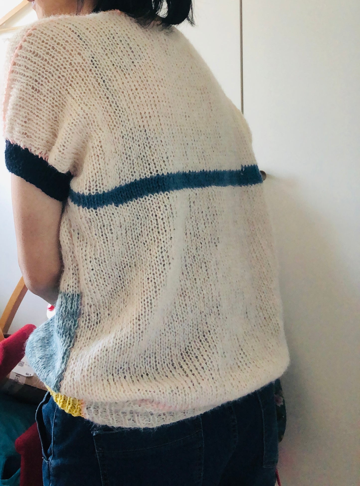 Short-sleeved knit sweater, summer sweater, knitting, yarn, wool, mohair, slow fashion, fancy yarn, short-sleeved, one-of-a-kind, 2446