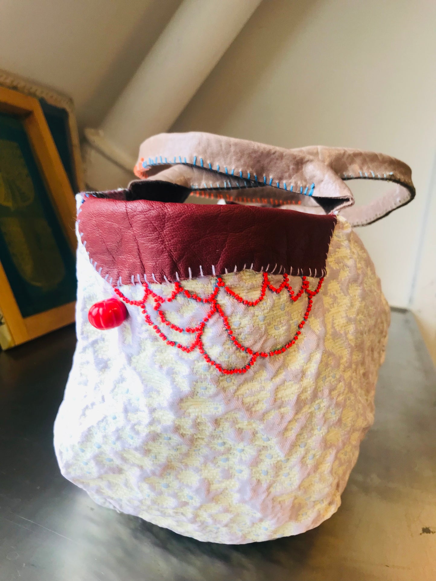 Bag   手縫いのバッグ　  布製　本革持ち手　スローファッション　ハンドメイド　1802