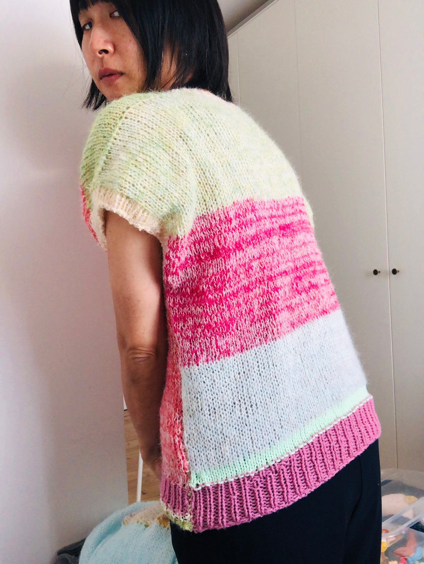 vest, sweater, knitting, yarn, wool, mohair, slow fashion, fancy yarn, one of a kind, 2419